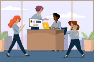 Employees communicating effectively in a serviced office. 