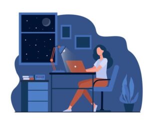 An illustration of a female designer working late from home, sitting on her desk and using a laptop.